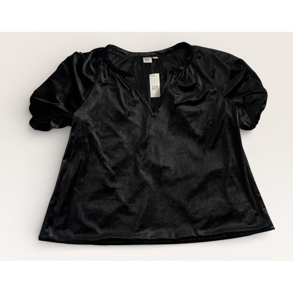 GAP Black Velvet Puff Sleeve Blouse Split Neck Top Womens Size S New With Tags - Picture 1 of 9